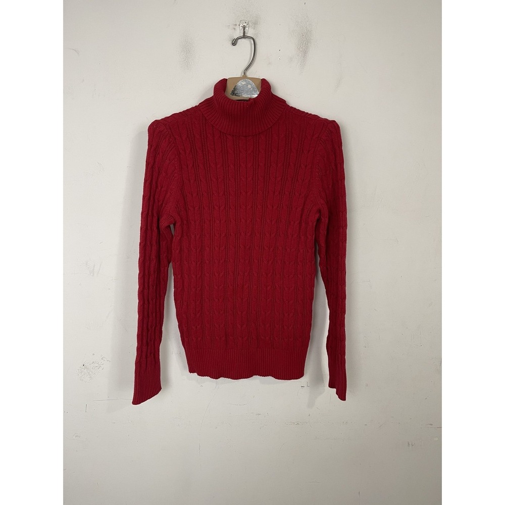 St Johns Bay Womens Sweater‎ Large Red Cable Knit Turtleneck Holiday Christmas